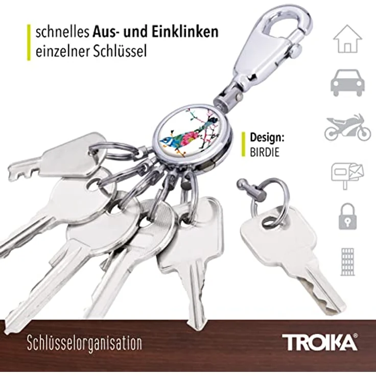 TROIKA BIRDIE Schlüsselhalter mit Karabinerhaken, glänzend, 6 ausklinkbare Ringe zur Schlüsselorganisation, filigranes Design, TROIKA-ORIGINAL – Bild 3