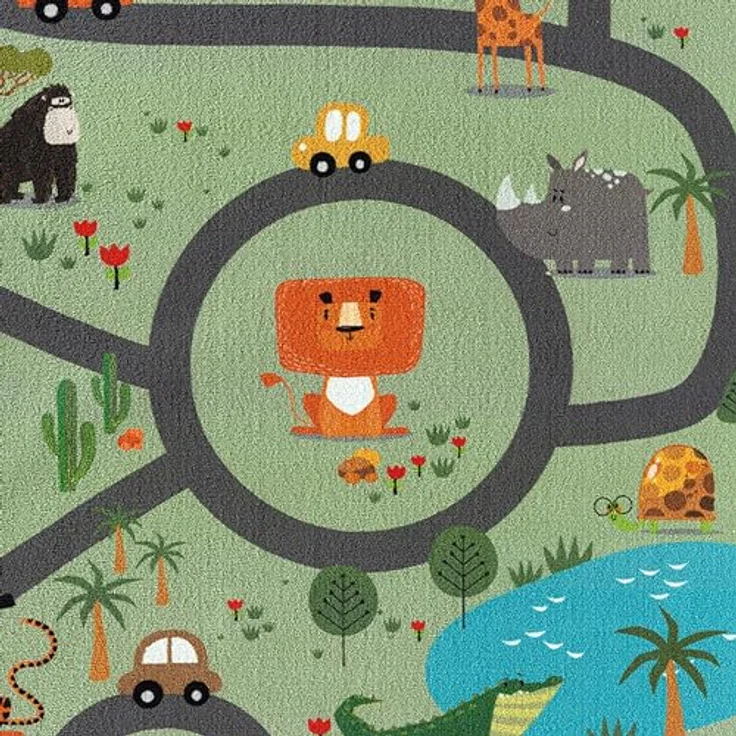 Teppich-Traum Kinderteppich Safari Straße, rutschfest, grüner Spielteppich mit Autos und Tieren, 120 x 160 cm, pflegeleicht und schadstofffrei – Bild 2