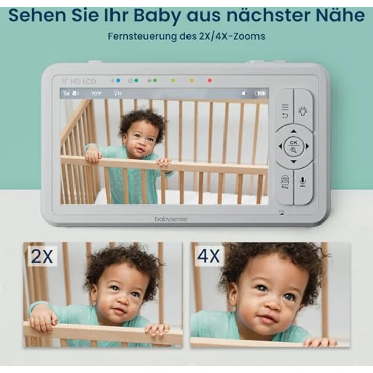 Babysense Babyphone HD 5 Zoll mit 2 Kameras, Video Babyphone ohne WLAN, Nachtlicht, Wiegenlieder, 300m Reichweite, Zwei-Wege-Audio, 4-facher Zoom, 4000mAh Akku – Bild 4