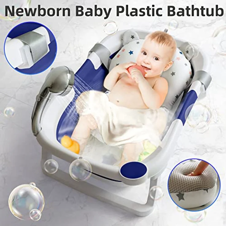 Baby Badewanne Faltbare Babybadewanne Kinder, Neugeborene Baby-Plastikbadewanne mit faltbaren Anti-Rutsch-Beinen Zusammenklappbare Badewanne für das Baden von Kleinkindern | Blau und Weiß - Preisvergleich – Bild 5