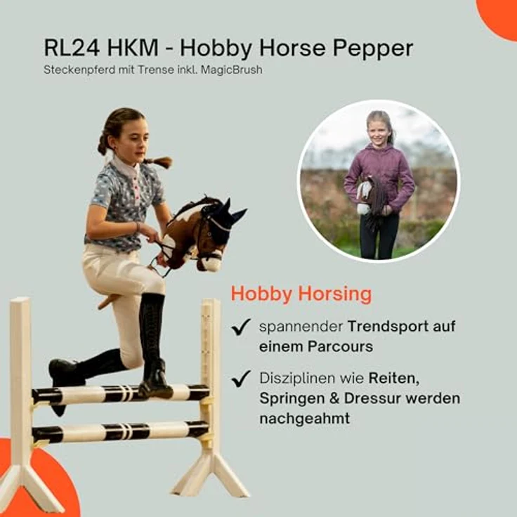 RL24 Hobby Horse Pepper, Steckenpferd aus Plüsch mit Holzstock und langer Mähne, schwarz/weiß, inkl. Trense und MagicBrush, ideal für Hobby Horsing – Bild 5