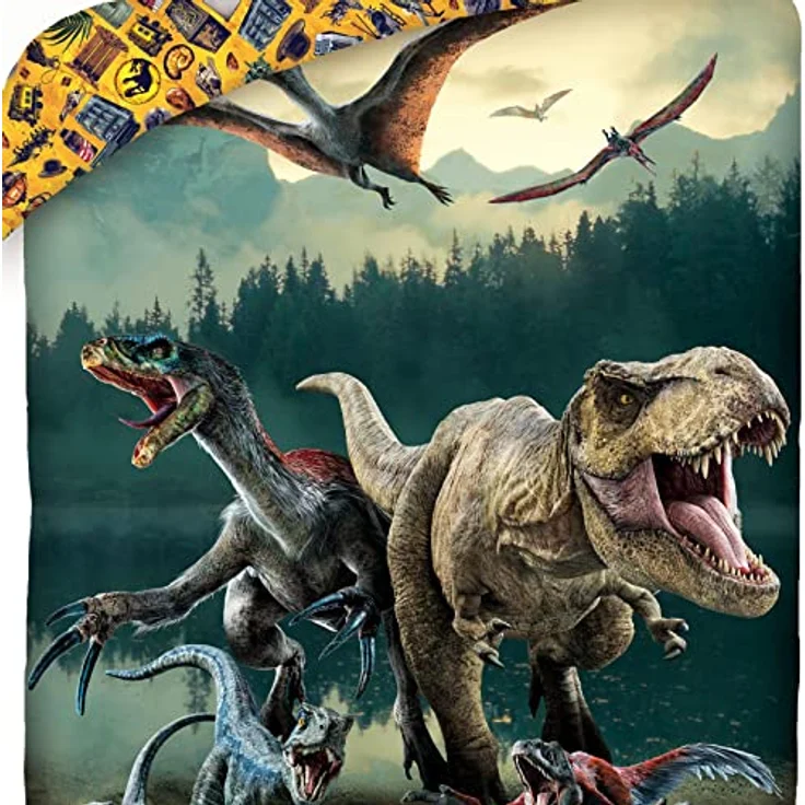 MTOnlinehandel Jurassic World Dinosaurier Kinder-Bettwäsche · 1 x Kissenbezug 80x80 + 1 x Bettbezug 135x200 cm · T-Rex Dino · 100% Baumwolle · - Preisvergleich – Bild 3