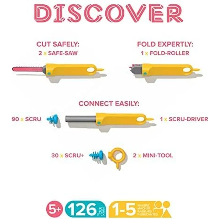 Makedo Discover Toolbox, Werkzeugkasten aus recycelter Pappe mit 126 Teilen, STEM- und STEAM-Lernspielzeug für 2-5 Kinder ab 5 Jahren – Bild 2