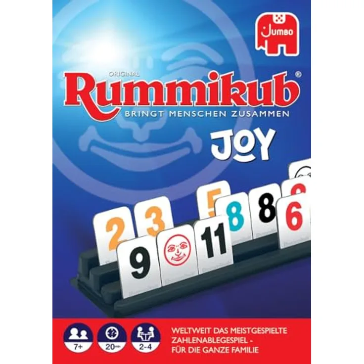 Jumbo Rummikub - Joy, Brettspiel für Erwachsene und Kinder ab 3 Jahren, mit Würfeln und Spielsteinen