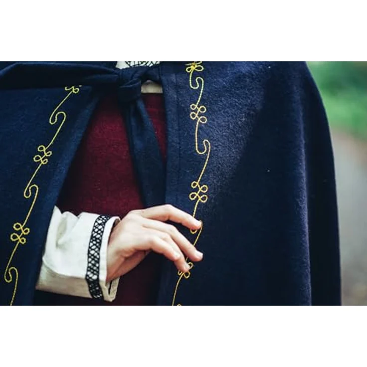 Leonardo Carbone® Mittelalter Wollumhang Ásidís mit Handstickerei - Mittelalter Kleidung Damen, Cape Damen, Hobbit Kostüm, LARP-Kleidung, Wikinger, Cosplay Damen, Halloween, Karneval Blau – Bild 3