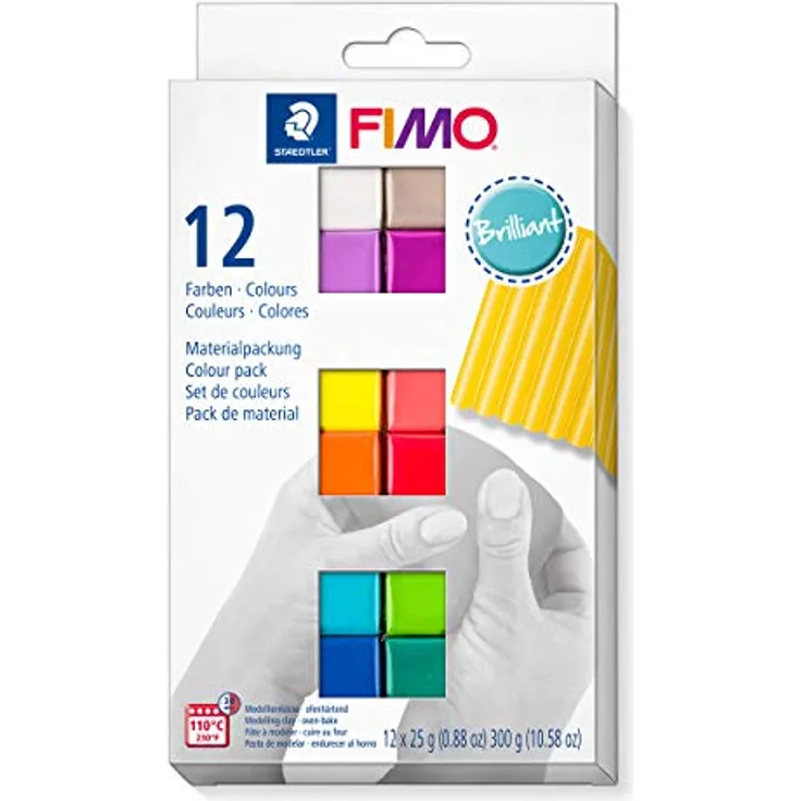STAEDTLER ofenhärtende Modelliermasse FIMO soft brilliant colours, weich und geschmeidig, speziell für Einsteiger und Hobbykünstler, 12 Halbblöcke á 25g in sortierten Farben, 8023 C12-2