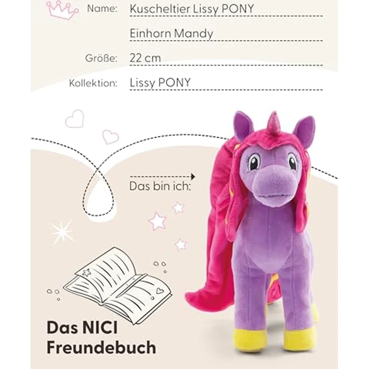 NICI Lissy PONY Einhorn Mandy, 22cm Plüsch Kuscheltier mit pinkfarbenem Glitzerhorn und bunten Farben, ideal zum Kuscheln und Spielen – Bild 5