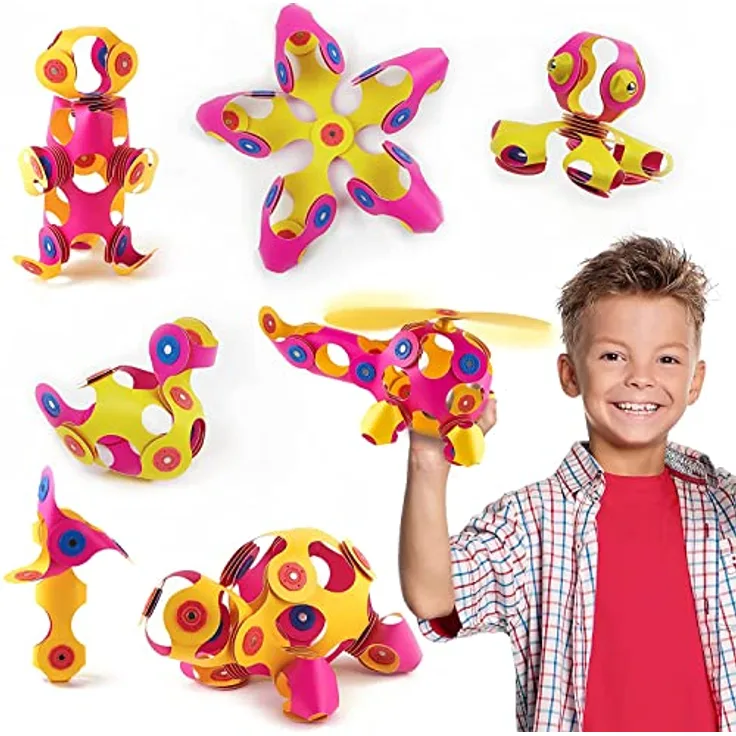 Clixo Kreativset Crew, 30-teiliges Bastelset mit flexiblen, magnetischen Formen, pink & gelb