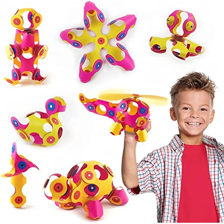 Clixo Kreativset Crew, 30-teiliges Bastelset mit flexiblen, magnetischen Formen, pink & gelb – Bild 1