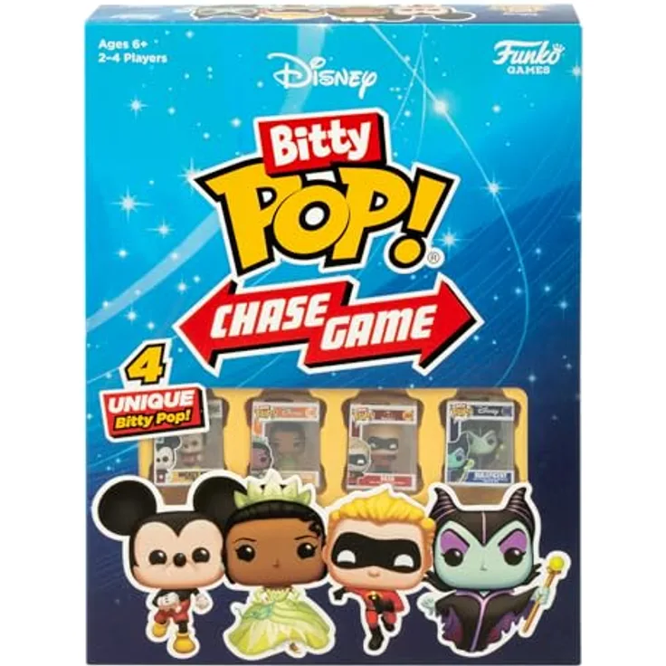 Funko Games Bitty Pop! Chase-Spiel – Disney, Brettspiel mit 4 exklusiven Disney-Figuren, für 2–4 Spieler ab 6 Jahren