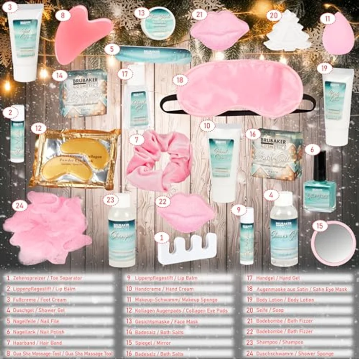 BRUBAKER Cosmetics XXL Beauty Adventskalender 2025, Aufklappbares Weihnachtsdorf im Schnee mit 24 Wellness-Überraschungen, Zedernholz & Würziger Orange Duft – Bild 5