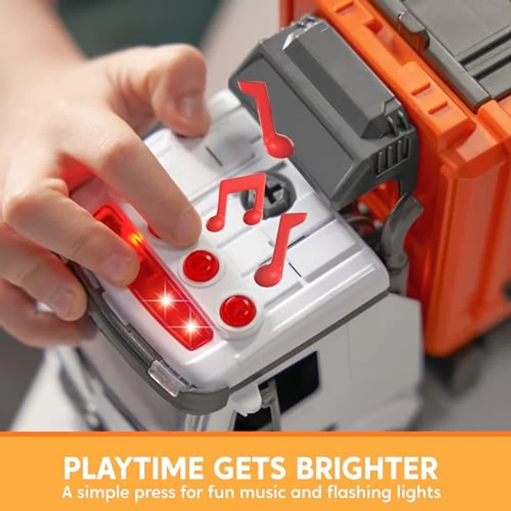 JOYIN Jumbo Take Apart Müllwagen-Spielzeug, reibungsbetrieben mit Licht und Geräuschen, mit 3 Mülleimern und Schraubendreher, DIY-Bausatz, orange – Bild 4