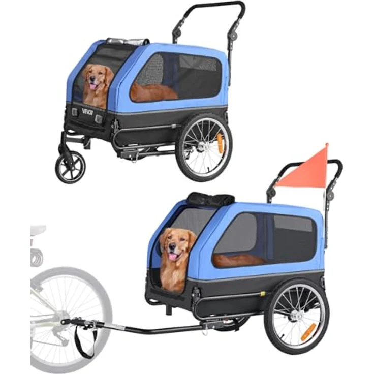 VEVOR Hundeanhänger PTS22-C, 2-in-1 Fahrradanhänger für Hunde bis 40 kg, klappbarer Rahmen, universelle Fahrradkupplung, inkl. Flagge und interner Leine, 1380x755x800 mm – Bild 1