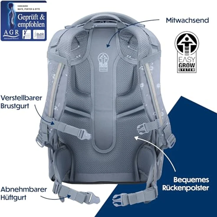 Coocazoo Mate Schulrucksack „Bloomy Daisy”, hellgrau, ergonomisch, höhen- & größenverstellbar, mit Brustgurt und Hüftgurt, 30 Liter, ab 3. Klasse – Bild 4