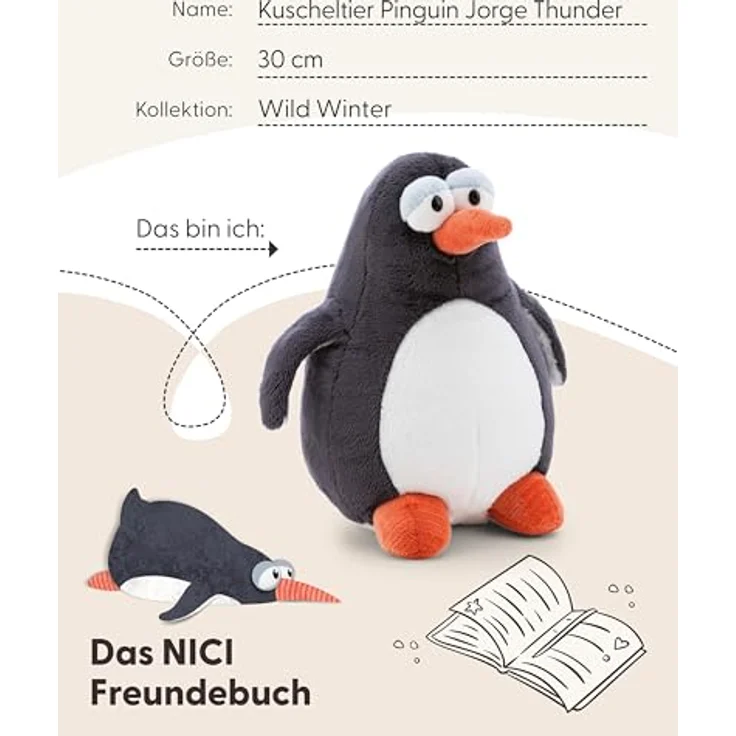 NICI Pinguin Jorge Thunder, Kuscheltier 30cm, grau, weiches Plüschtier aus recyceltem Material – ideal zum Kuscheln & Spielen, tolles Geschenk für Kinder & Erwachsene - 62423 – Bild 5
