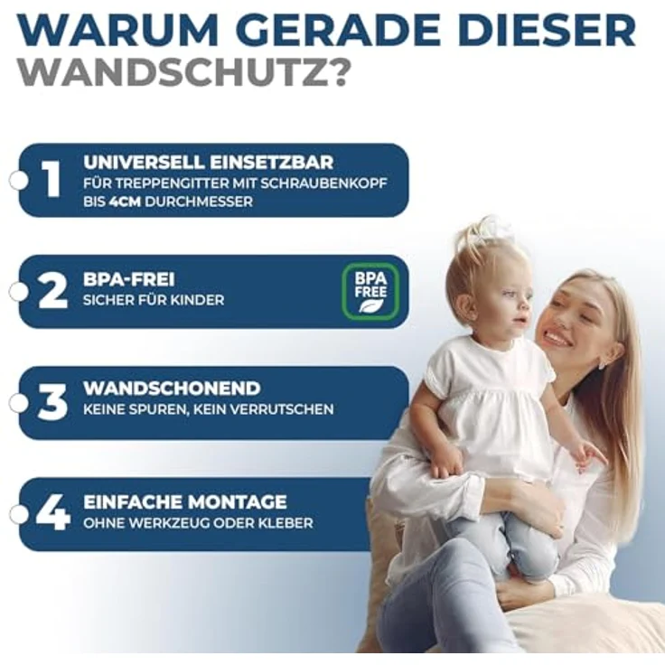Wandschutz Pads für Treppengitter und Türgitter - Original Hoffenbach Germany - Färbt nicht ab - Kein Bohren notwendig - Für Baby, Kind, Hund 4 Stück (Eckig) – Bild 10