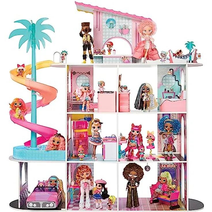 MGA LOL Surprise OMG House of Surprises, Puppenhaus mit 4 Etagen und 8 Zimmern, 122 cm hoch und 122 cm breit