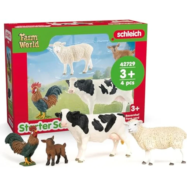 Schleich Farm World Starter-Set Bauernhof, enthaltene Tiere: Holstein Kuh, Hahn, Schaf und Zicklein, naturgetreu gestaltet – Bild 1