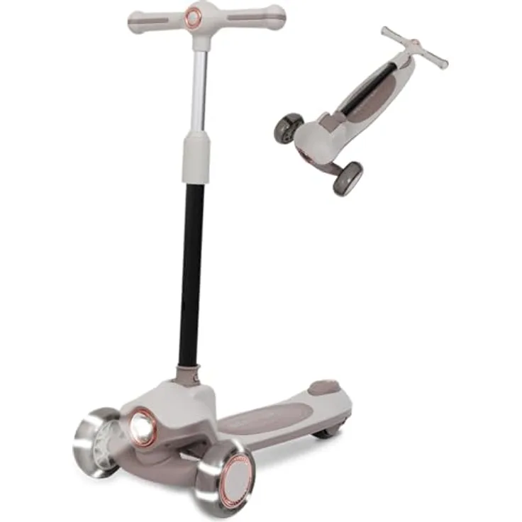 Habib Gruppe Kinderroller Tretroller 3-Rad mit LED Front- und Rücklicht, Höhenverstellbar, rutschfest, faltbar, pannensicher für Kinder (3-10 Jahre), Braun
