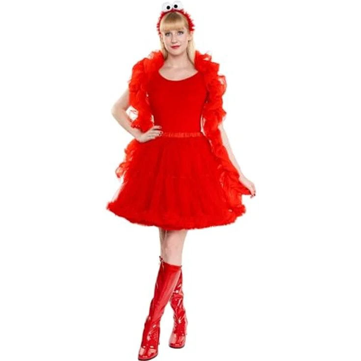 Maskworld Die Sesamstrasse Elmo Tutu - Kostüm mit mehrlagigem Tutu, Chiffon-Schal und Haarreif in kräftigem Rot, One Size – Bild 1