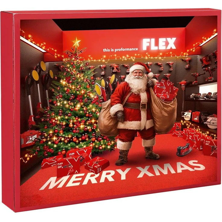 Flex Adventskalender Xmas 2025, Set 7-tlg. mit Akku-Schraubendreher, Meterstab, Tieflochmarker, Cuttermesser-Set und Taschenlampe – Bild 1