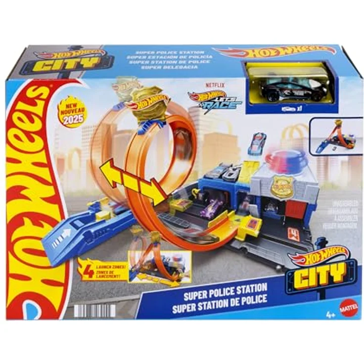 Hot Wheels City Super Polizeistation, anpassbare Rennbahn mit Looping und Die-Cast-Spielzeug-Polizeiwagen, bis zu 4 Fahrzeuge parkbar – Bild 6