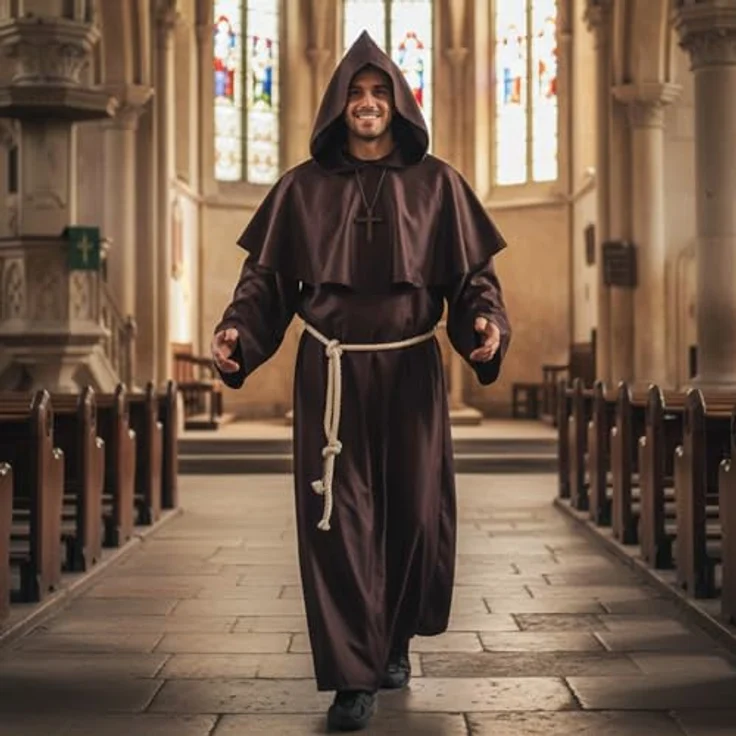 OriginalCorner® AirSuit® Mittelalterliches Mönch Kostüm für Erwachsene, lange Robe mit Kapuze und Holzkreuz, Größe M (170-175 cm) für Halloween und Karneval – Bild 5