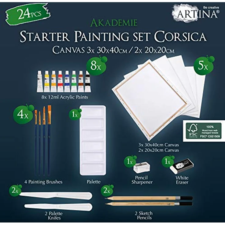 Artina Kreativset Corsica, 24tlg Zeichen- & Acrylmalset mit 5 Leinwänden, 8 Acrylfarben und Pinselzubehör – Bild 2