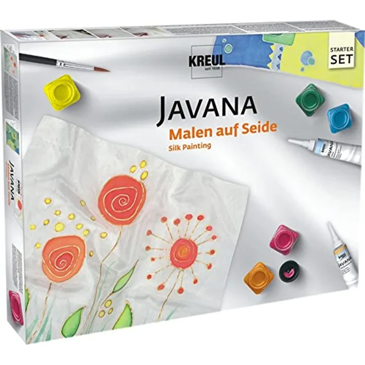KREUL Javana Seidenmalfarben Grundausstattung, 5 x 20 ml Farben und Konturenfarbe, inkl. Pinsel, Seidenzuschnitte, Motivvorlagen und Effektsalz