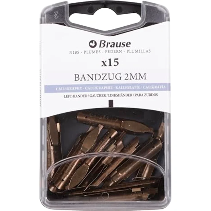 Brause Duschbox mit 15 Bandspitzen, Kalligrafie-Federn für Linkshänder, 2 mm Übernib, Made in Germany – Bild 2