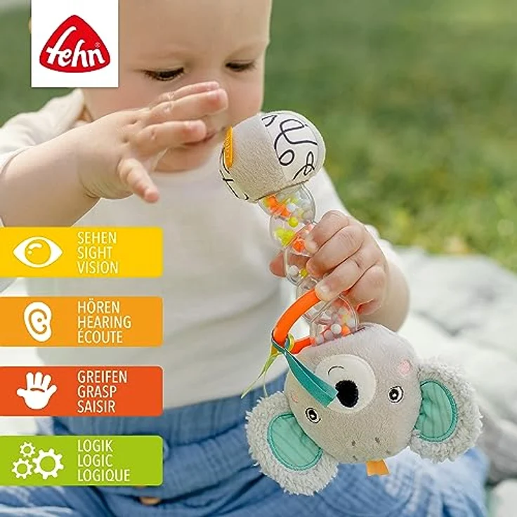Fehn Regenmacher Koala – Motorik-Spielzeug mit Rassel, Quietsche, Raschelpapier zum Greifen – Rasselstab fördert spielerisch Sinne & Motorik – für Babys & Kleinkinder ab 3+ Monaten – Bild 2