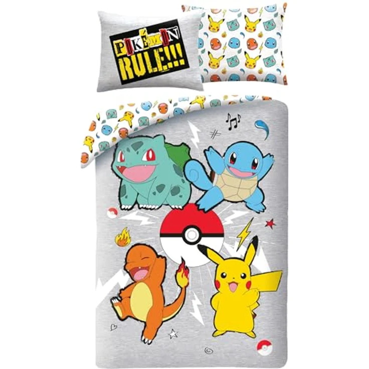 Halantex Bettwäsche Pokemon Rules, Bettbezug 140 x 200 cm + Kissenbezug mit Pikachu, Bisasam, Glumanda und Schiglotte, aus atmungsaktivem Polyester, schadstoffgeprüft nach OEKO-TEX Standard 100