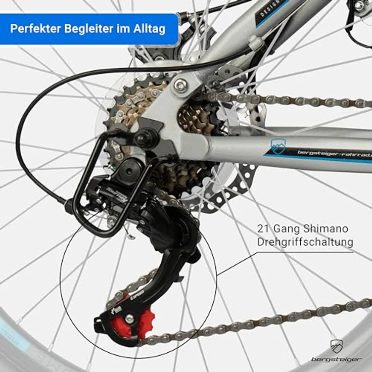 Bergsteiger Broome 26 Zoll Kinderfahrrad, Shimano 21 Gang-Schaltung, StVZO, Mountainbike mit Vollfederung, Scheibenbremsen & Dynamo-Licht, geeignet für 8, 9, 10, 11, 12, 13 Jahre, Jungen & Mädchen – Bild 3