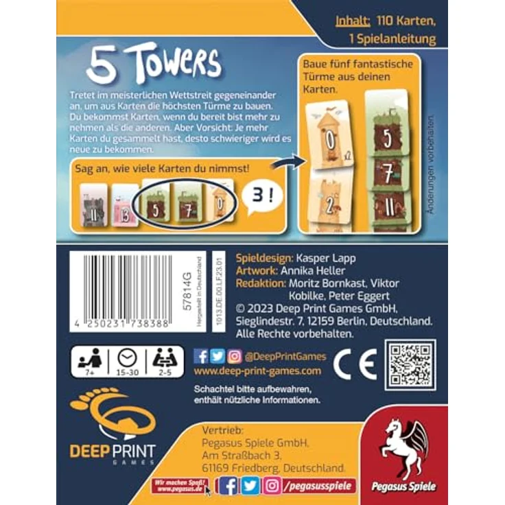 Pegasus Spiele 57814G 5 Towers (Deep Print Games), Schnelles Kartenspiel mit detailreichen Karten, 5 verschiedene Türme bauen, Zusatzpunkte für Türme mit Spitze - Brettspiel – Bild 3