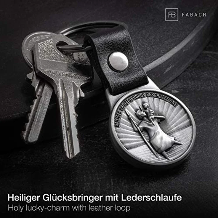 FABACH Christophorus Schlüsselanhänger am Lederband - Schutzpatron für Autofahrer und Reisende - Heilige Christophorus Plakette Auto Glücksbringer - Schutzengel Auto Motorrad Anhänger modern – Bild 4