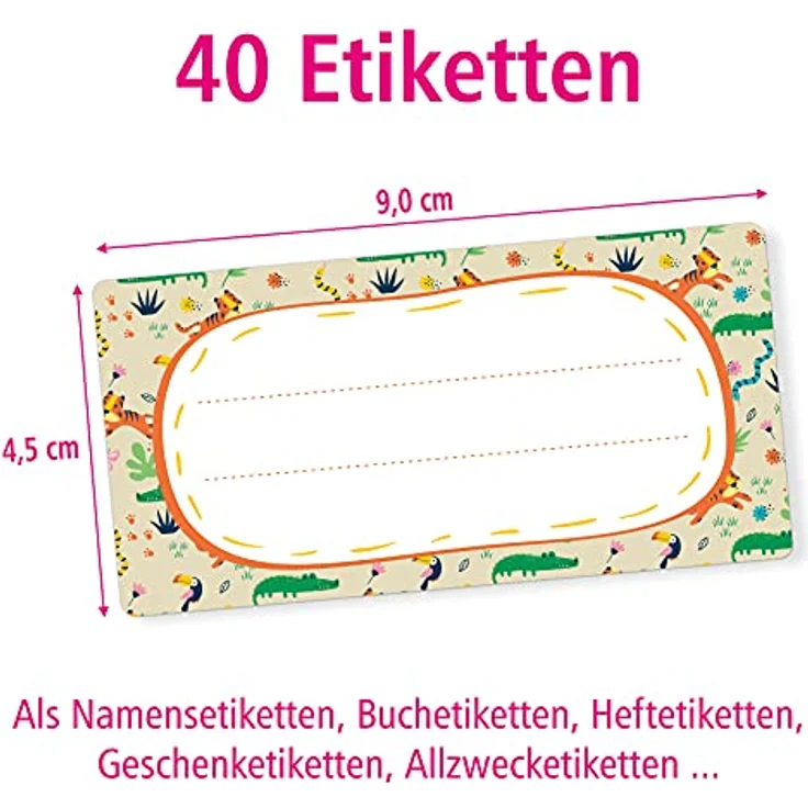 itenga 40x Buchetiketten Heftetiketten 9x4,5cm, selbstklebende Schulheft Etiketten mit Dschungeltier-Motiv, beschreibbar – Bild 2