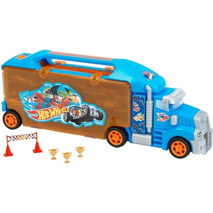 Theo Klein 2474 Hot Wheels LKW-Sammelkoffer, stabiler Koffer für bis zu 24 Autos und 2 LKW, mit praktischen Unterteilungen, Maße: 62,9 cm x 12 cm x 23,6 cm, Spielzeug für Kinder ab 3 Jahren – Bild 1