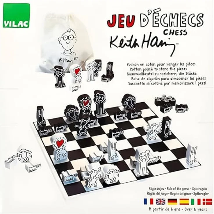 Vilac Mein Schachspiel Keith Haring, klassisches Holzschachspiel mit Baumwolltasche, bunt – Bild 10