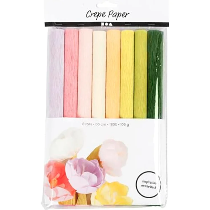 Creotime Kreativset Krepppapier Bastelset 25x60cm, 8 Rollen mit 180% Kreppanteil für Papierblumen und Dekorationen, knitterfriedliche Oberfläche – Bild 2