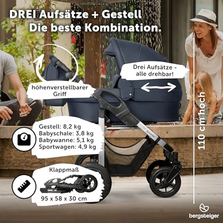 Bergsteiger Capri Kombikinderwagen 4-in-1, Babywanne, Sportsitz, i-Size Babyschale, Isofix-Station, höhenverstellbar, faltbar, mit Luftreifen und Zubehör – Bild 7