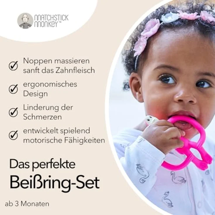 Matchstick Monkey Zahnungs-Set - Beißring + Bio Zahnungsgel Erdbeere-Banane (Affe pink) - Natürliche Zahnungshilfe für Babys ab 3 Monaten, Vegan, Tierversuchsfrei, BPA-frei – Bild 3