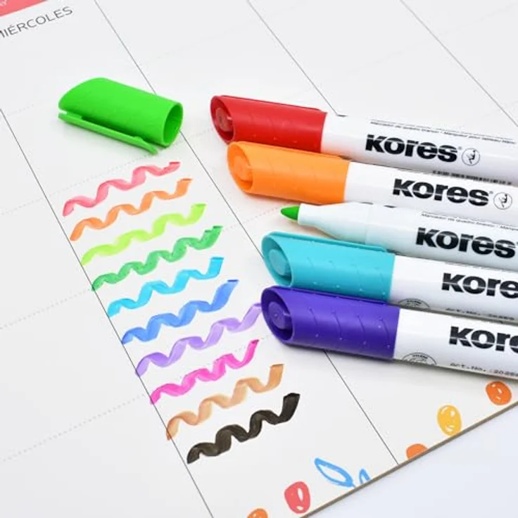 KORES Whiteboard Marker M20801, 10er Set mit 3-5mm Keilspitze, schnell trocknende Tinte, schwarz, blau, rot, grün, pink, violett, türkis, braun, hellgrün, orange – Bild 6