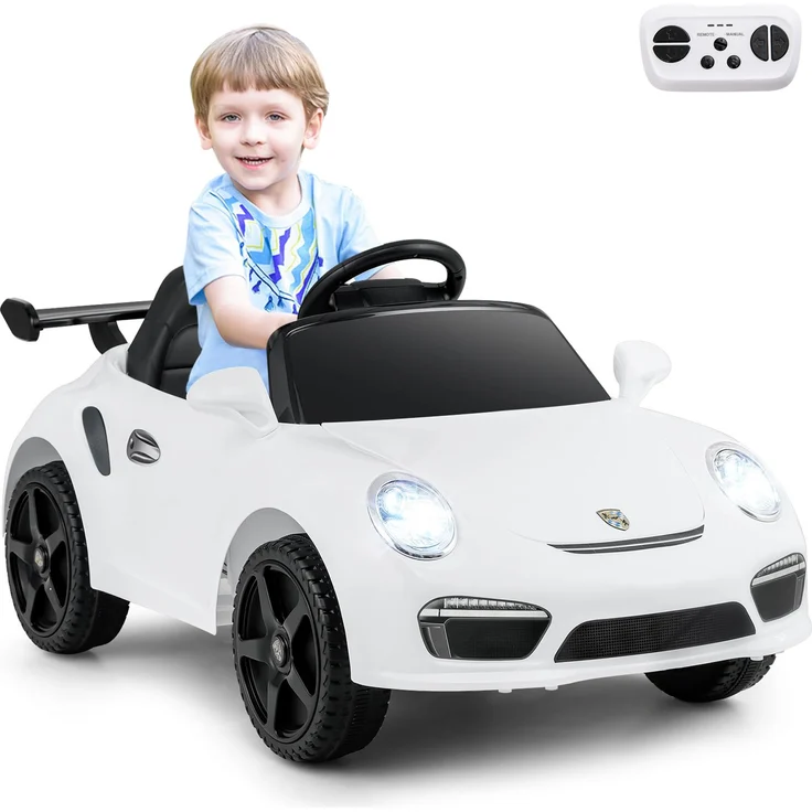COSTWAY Porsche Elektroauto für Kinder, 12V Kinderauto mit Fernbedienung, Musik, LED-Lichtern und 2 Geschwindigkeiten, Farbe Weiß, geeignet für 3-8 Jahre