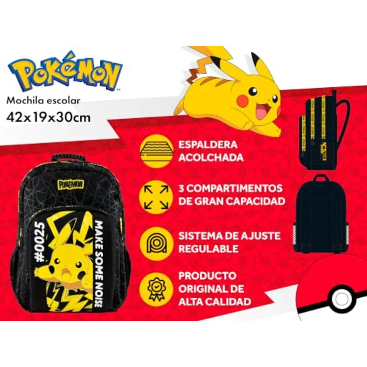 POKÉMON Schulrucksack mit 3 Fächern, Seitennetzen und gepolsterten Schultergurten, schwarz/blau – Bild 7