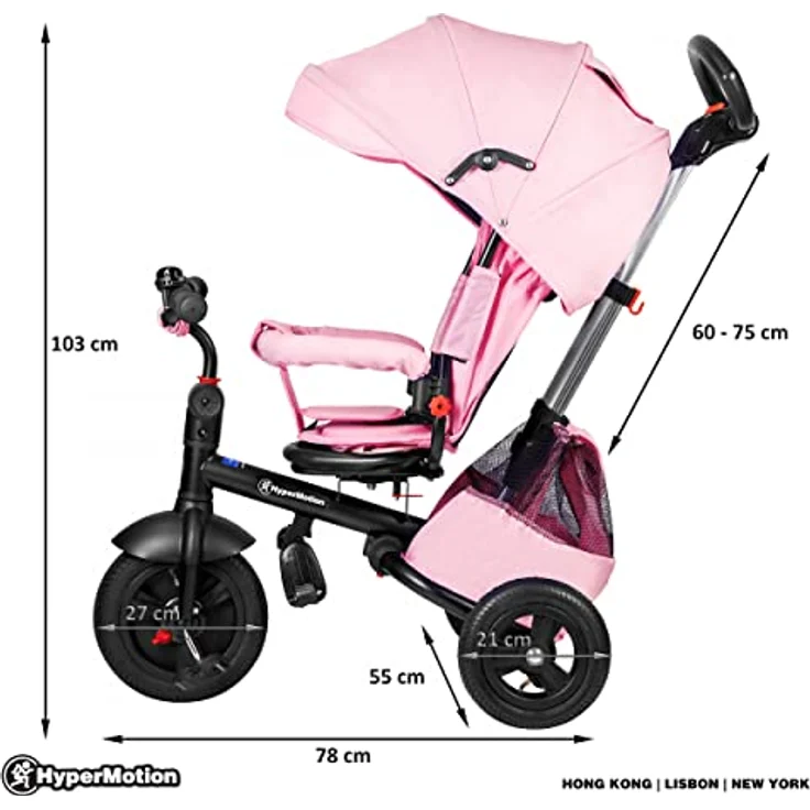 HyperMotion Kinderdreirad Tobi Velar, mit Schubstange, drehbarem Komfort-Sitz, Sicherheitsgurten, faltbarem Rahmen, gepumpte Räder, Elterngriff, Regenmantel, pink, geeignet für 9 Monate bis 5 Jahre – Bild 5