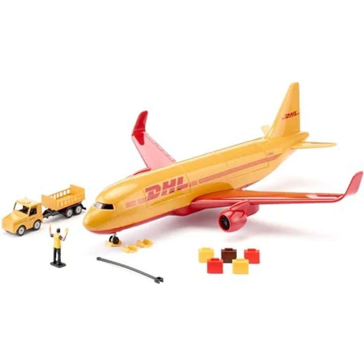 Siku 1702, DHL Frachtflugzeug mit Zubehör, Metall/Kunststoff, Spielzeug-Modell, Rot/Gelb – Bild 1