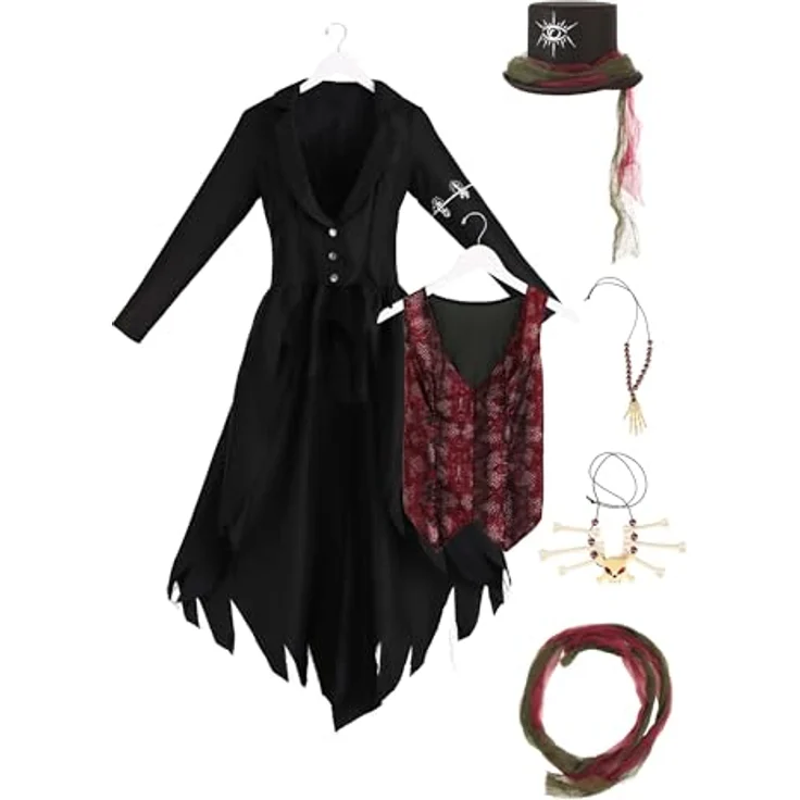 Metamorph Voodoo Mistress Kostüm (M), mystisches Kostüm mit frackähnlichem Mantel, roter Weste und Zylinderhut, inklusive Accessoires – Bild 9