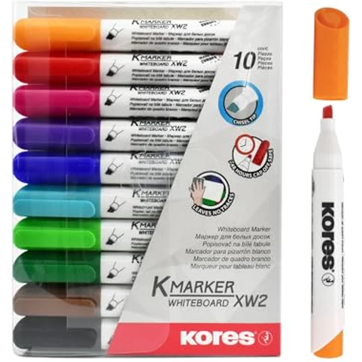 KORES Whiteboard Marker M20801, 10er Set mit 3-5mm Keilspitze, schnell trocknende Tinte, schwarz, blau, rot, grün, pink, violett, türkis, braun, hellgrün, orange – Bild 2