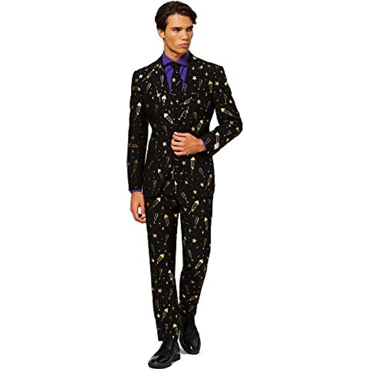 OppoSuits Fancy Fireworks (54), schwarzer Anzug mit goldenen Raketen und Sektgläsern, dreiteilig mit Jacket, Hose und Krawatte – Bild 1