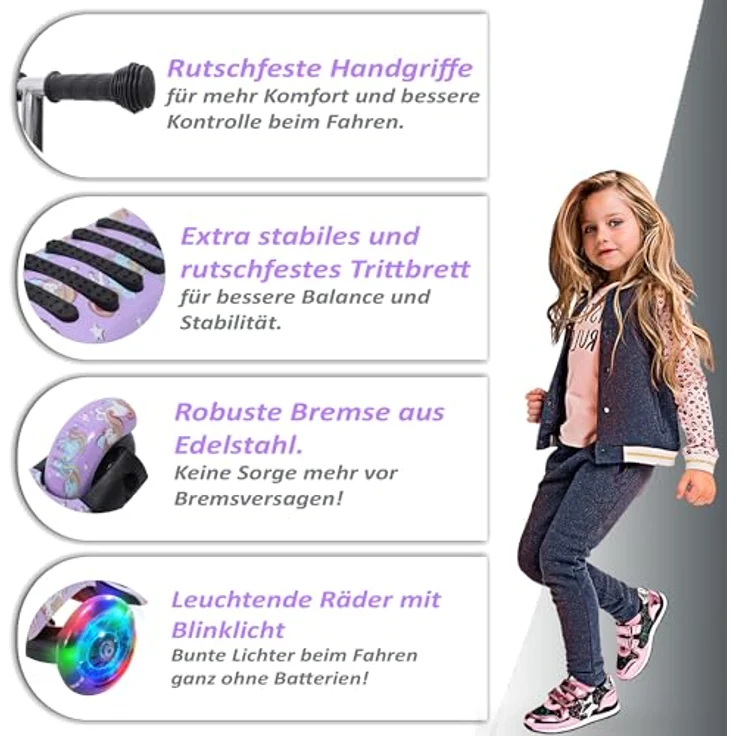 Habib Gruppe Kinderroller 3-Räder, Kinderscooter mit LED-Rädern, Höhenverstellung, rutschfest, max. 50 kg, für Jungen & Mädchen 3-8 Jahre – Bild 4